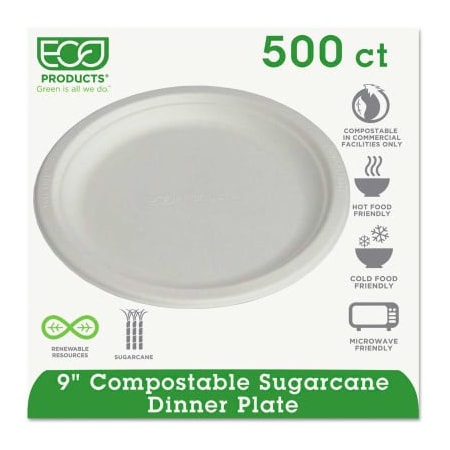 Eco-Products Eco-Products ECOEPP013, Sugarcane Plates, 9" Dia., Natural White, 500/Carton EPP013